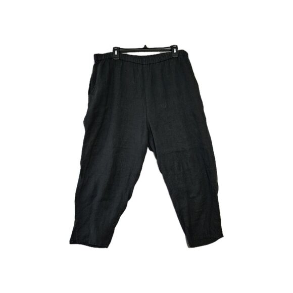 FLAX Women's Black Elastic Waist Linen Pockets Lagenlook Pants Medium - Picture 1 of 6